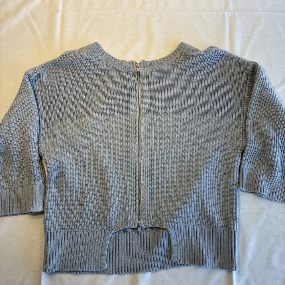 Cabi Women's Sweater S Slate Blue Boxy Cotton Full Zip Back CutOut CropOversize